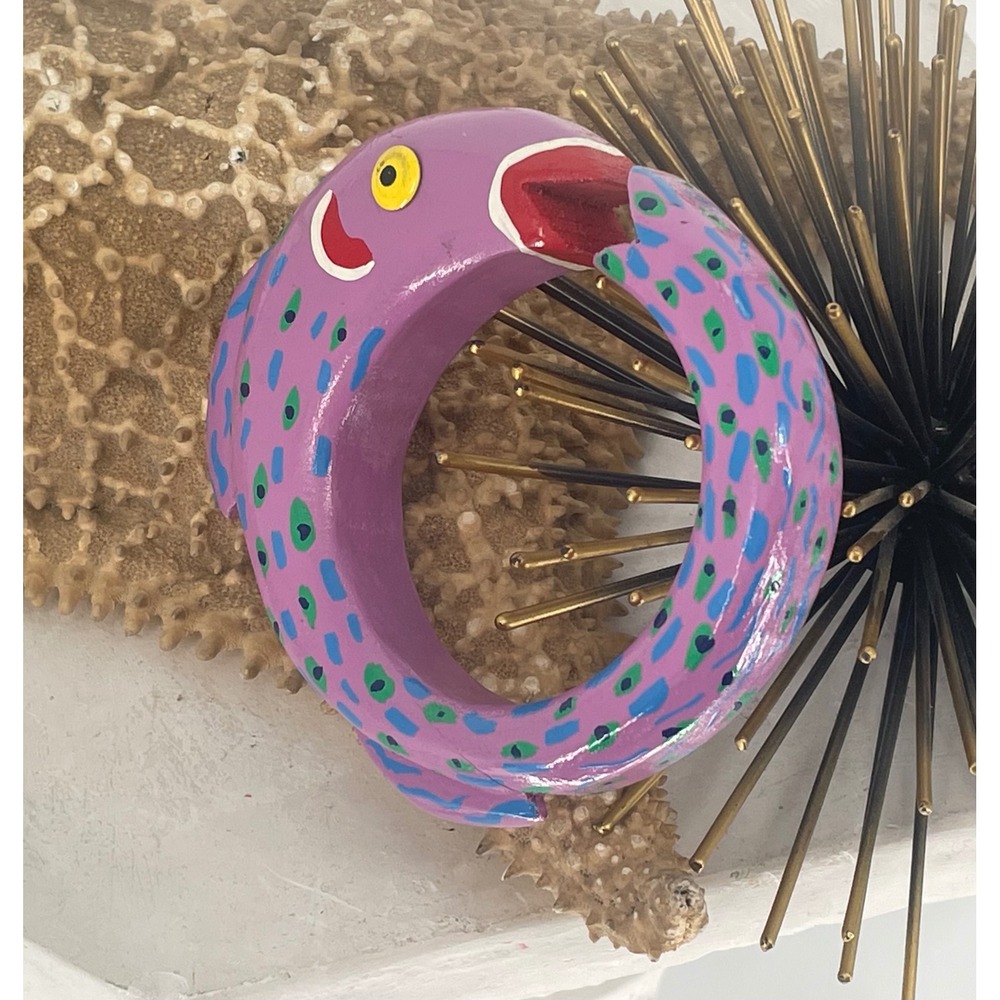 Vintage Signed Carey Sculptural Painted Wood Fish Bangle Bracelet Folk Art